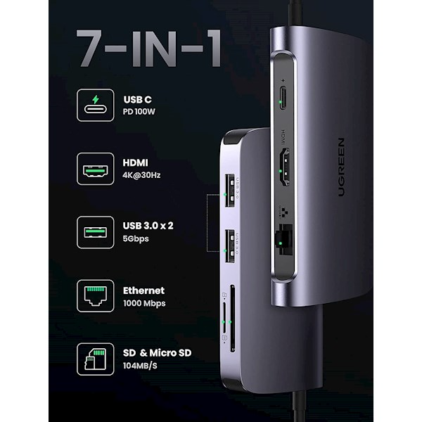 Cable/ UGREEN USB-C CM212 (50852) USB-C 7-in-1 Multifunctional Adapter, 1xUSB 3.0, HDMI, RJ45, PD, Gray