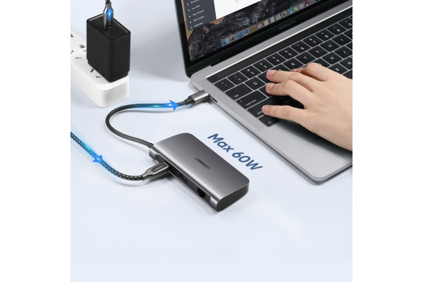 Cable/ UGREEN USB-C CM212 (50852) USB-C 7-in-1 Multifunctional Adapter, 1xUSB 3.0, HDMI, RJ45, PD, Gray