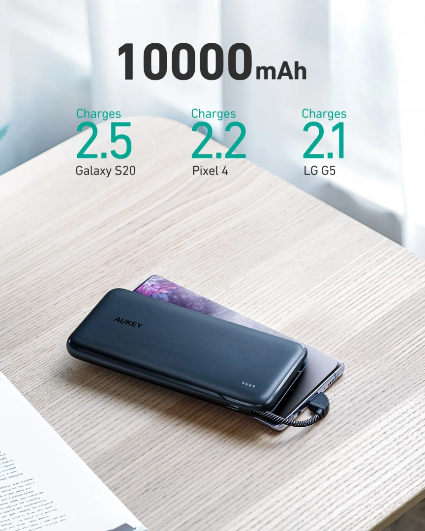 Aukey PB-N73C 10000mAh 18W PD Power Bank with Integrated USB-C Cable,Black