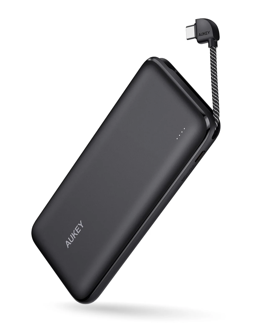 Aukey PB-N73C 10000mAh 18W PD Power Bank with Integrated USB-C Cable,Black