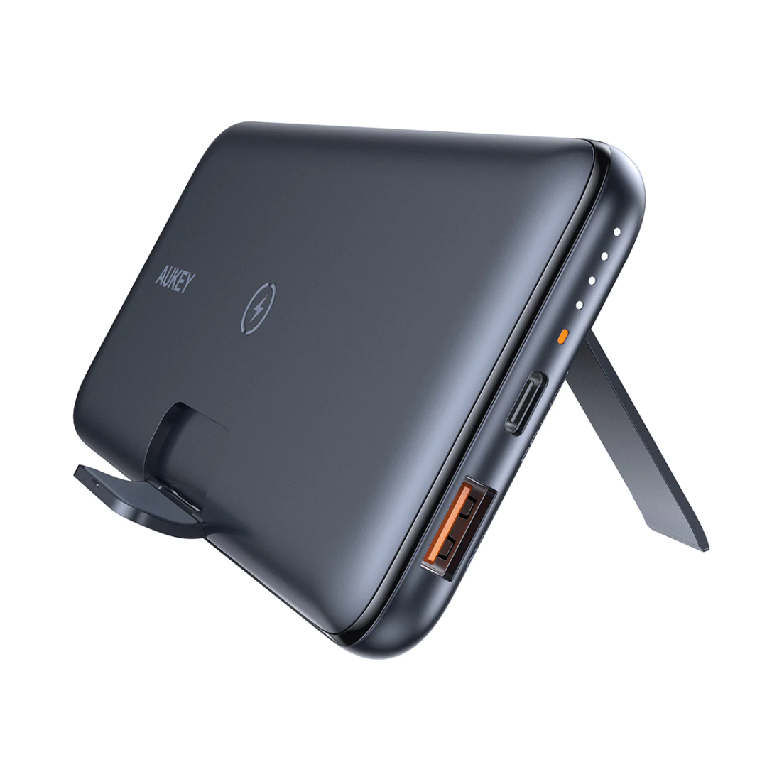 Aukey PB-WL02 10000mAh 18W PD QC 3.0 10000mAh Power Bank With Foldable Stand & Wireless Charging, Black